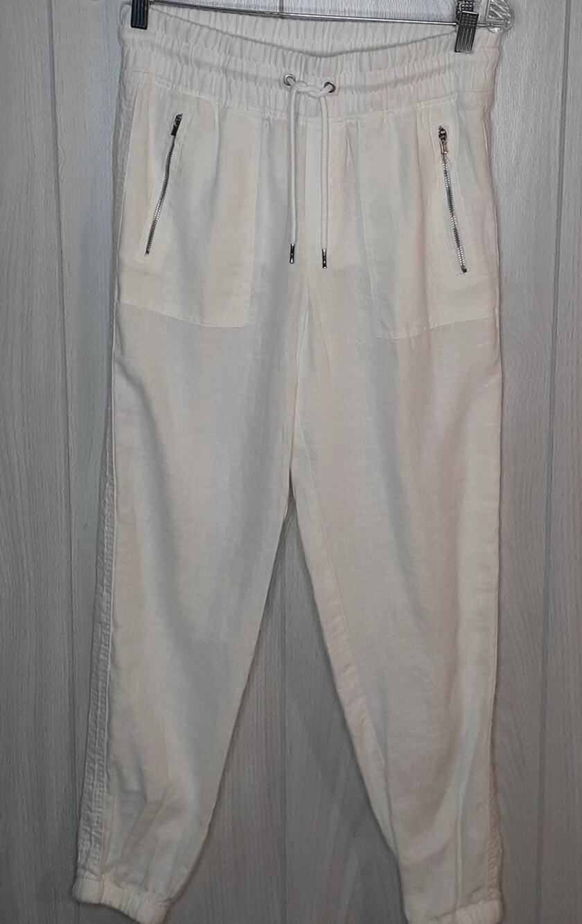 Athleta Cabo Linen Jogger 100% Linen Cream Color Size 4 Zipper Pockets Tie Waist